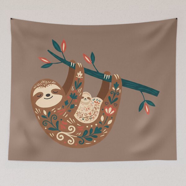 Item preview, Mother & Baby Sloth Under Branch STICKER/MAGNET PACK – Scandinavian Folk Art by heidiannemorris © designed and sold by FOLK ART FUSION by heidiannemorris.
