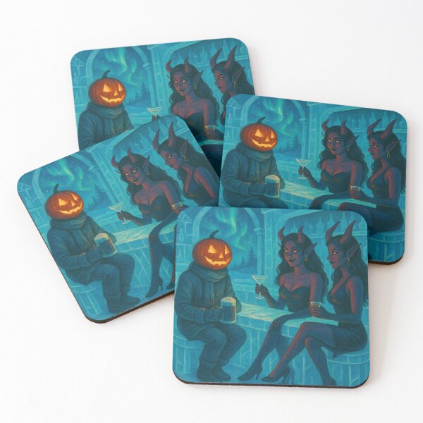 Item preview, Headless Horseman Ice Bar Encounter with Demon Twins — Fantasy Art Winter Illustration designed and sold by TheHorsemanRidesAgain.