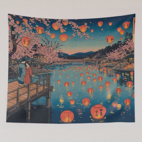 Item preview, Toro Nagashi Lantern Ceremony Japanese Art Ukiyo-e River Festival Romantic Night Scene designed and sold by Vandy Fullam.
