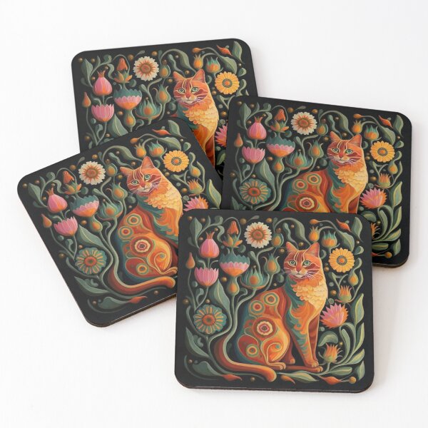Item preview, Folk Art Cat in Garden Floral Pattern designed and sold by Ed & Harmony.