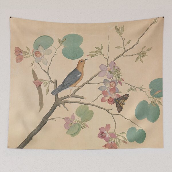 Item preview, Orange-Headed Ground Thrush and a Death's-Head Moth on a Purple Ebony Orchid Branch designed and sold by AnimaliaStar.