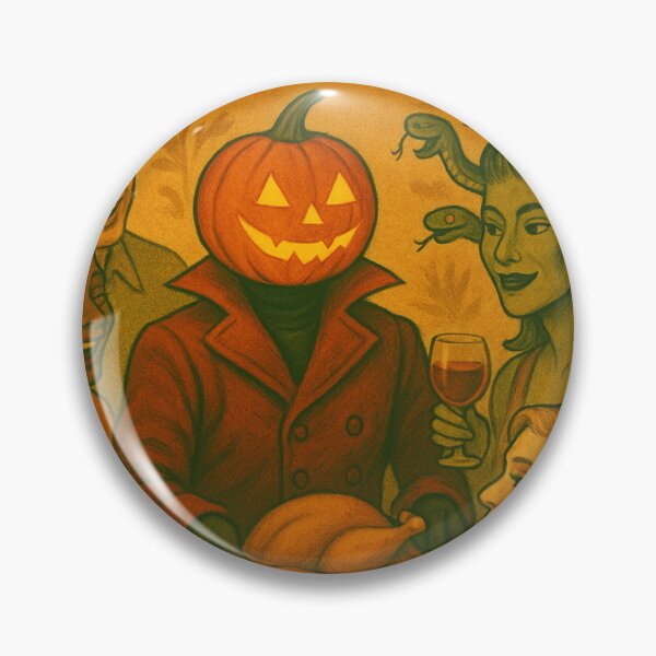 Item preview, Headless Horseman and Medusa Thanksgiving Party: Retro Fantasy Holiday Art designed and sold by TheHorsemanRidesAgain.