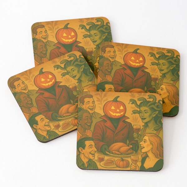 Item preview, Headless Horseman and Medusa Thanksgiving Party: Retro Fantasy Holiday Art designed and sold by TheHorsemanRidesAgain.
