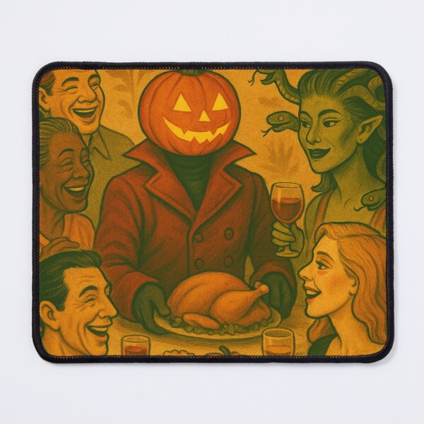 Item preview, Headless Horseman and Medusa Thanksgiving Party: Retro Fantasy Holiday Art designed and sold by TheHorsemanRidesAgain.