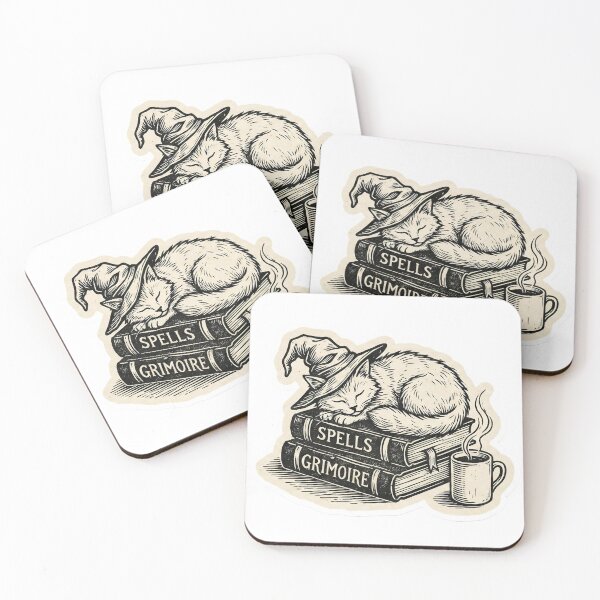 Item preview, Cozy Wizard Cat sleeping on Spellbooks - Linocut Woodcut Print designed and sold by StickyGuys.
