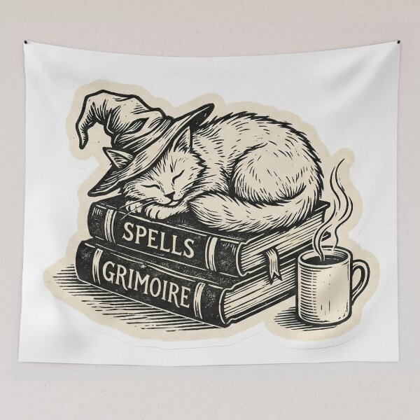 Item preview, Cozy Wizard Cat sleeping on Spellbooks - Linocut Woodcut Print designed and sold by StickyGuys.