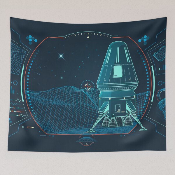 Item preview, space engineering or space industry, graphic of module landing or space shuttle with aerospace elements and wireframe surface interface designed and sold by NiamLab.