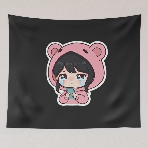 Item preview, Digital Burnout Crying Chibi Girl in Pink Bear Hoodie Kawaii Aesthetic designed and sold by MuseAI.