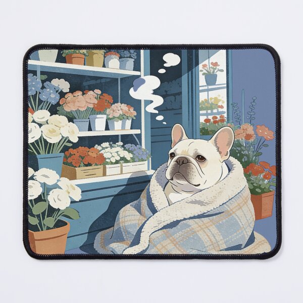 Item preview, Cozy French Bulldog in Parisian Flower Shop Art | Vintage Aesthetic Dog Lover Gift | Blue Cottagecore Illustration designed and sold by Cherrydora.