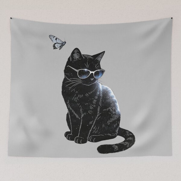 Item preview, Cosmic Drifter: Celestial Black Cat Wearing Retro Sunglasses and Butterfly Art designed and sold by Cherrydora.