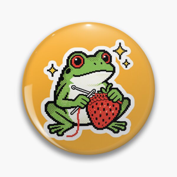 Item preview, Whimsical Pixel Art Frog Knitting a Strawberry - Retro 8-bit Gamer Craft Vibe designed and sold by Cherrydora.