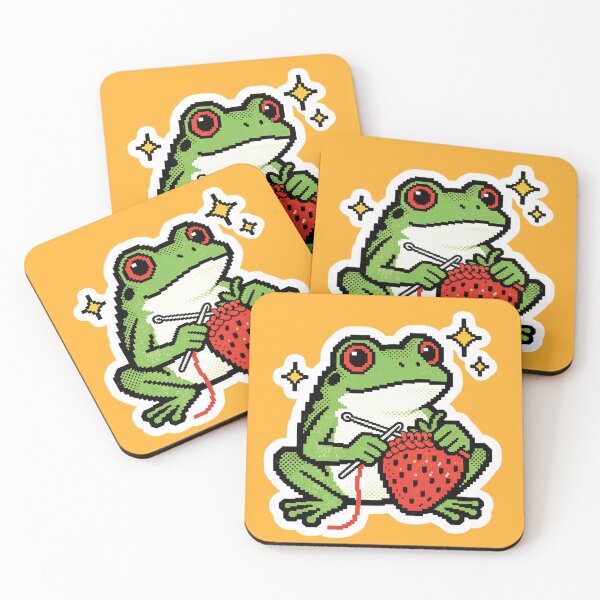 Item preview, Whimsical Pixel Art Frog Knitting a Strawberry - Retro 8-bit Gamer Craft Vibe designed and sold by Cherrydora.