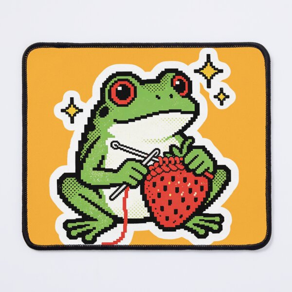 Item preview, Whimsical Pixel Art Frog Knitting a Strawberry - Retro 8-bit Gamer Craft Vibe designed and sold by Cherrydora.