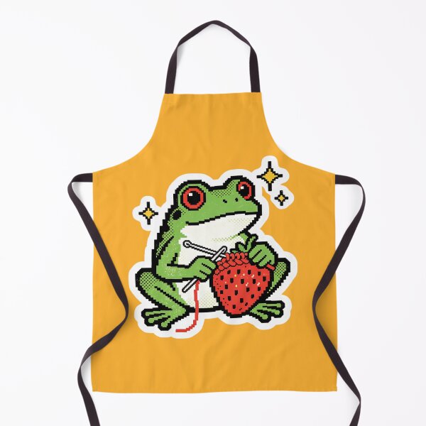 Item preview, Whimsical Pixel Art Frog Knitting a Strawberry - Retro 8-bit Gamer Craft Vibe designed and sold by Cherrydora.
