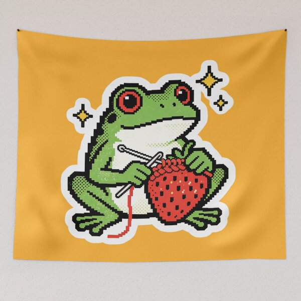 Item preview, Whimsical Pixel Art Frog Knitting a Strawberry - Retro 8-bit Gamer Craft Vibe designed and sold by Cherrydora.