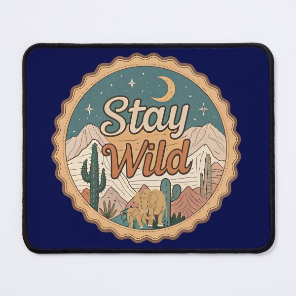 Item preview, Stay Wild Vintage Nature Badge – Retro Desert Mountains Elephant Illustration designed and sold by A1MarketDesigne.