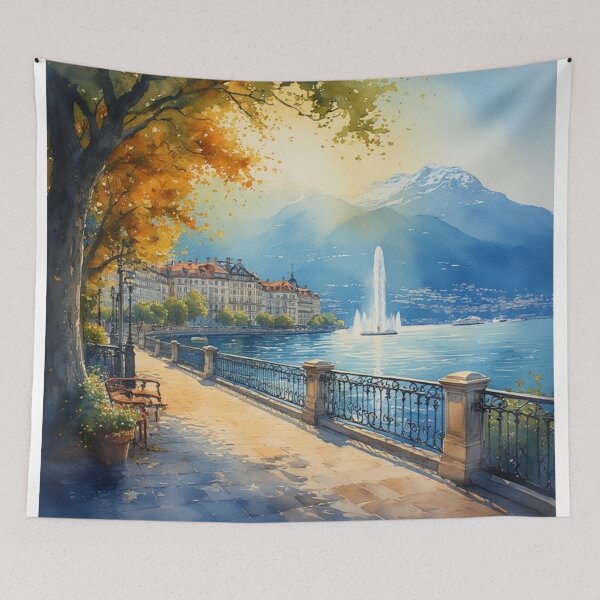 Artikelvorschau, Genfer Traum – Genfersee und Jet d’Eau in zarten Aquarellfarben entworfen und verkauft von DreamyArtStudio70.