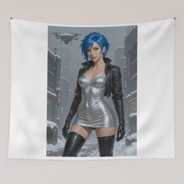 Item preview, Cipher Blue Hair Cyberpunk Girl in Snowy Street designed and sold by CathryneDelamort.