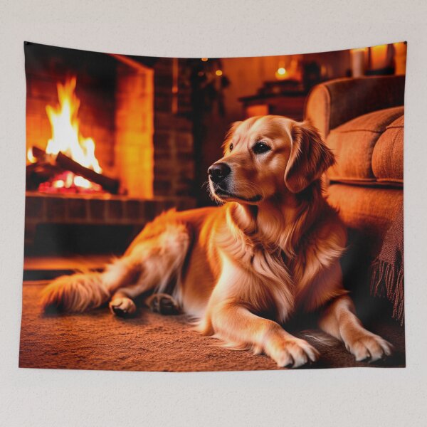Item preview, Cozy Evening with a Golden Retriever – Warm Fireplace Dog Art designed and sold by AmetistLight.
