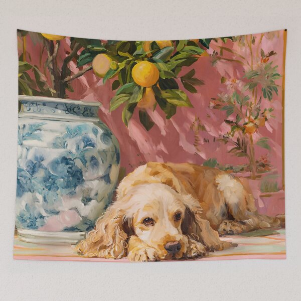 Item preview, Grandmillennial art, Ginger Spaniel in earthy vibrant chinoiserie room designed and sold by SophieClimaArt.
