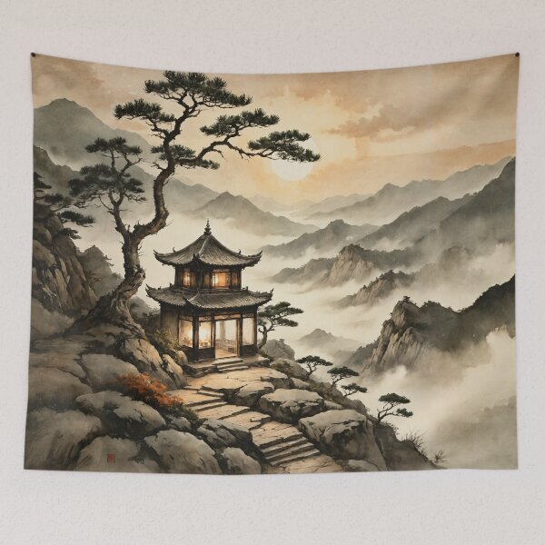 Item preview, Asian-Inspired Mountain Retreat Pavilion with Warm Window Glow designed and sold by IdeaSmith.
