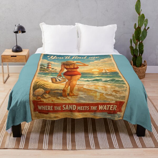 Artikelvorschau, Vintage Strandposter Frau Sonnenuntergang Meer Retro Reisekunst entworfen und verkauft von freackly.