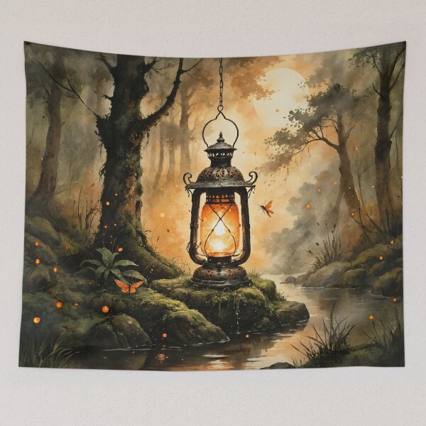 Item preview, Warm Lantern Light in Misty Woods Atmospheric Watercolor Art designed and sold by IdeaSmith.