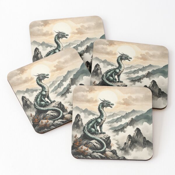 Item preview, Epic Emerald Dragon Guardian in Ink-Wash Mountain Landscape designed and sold by IdeaSmith.