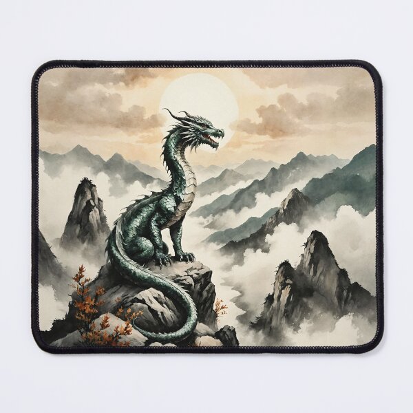 Item preview, Epic Emerald Dragon Guardian in Ink-Wash Mountain Landscape designed and sold by IdeaSmith.