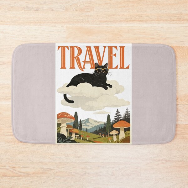 Item preview, Groovy Psychedelic Travel Cat Poster - Vintage Mid-Century Black Cat on Cloud Mushroom Landscape Art designed and sold by Cherrydora.