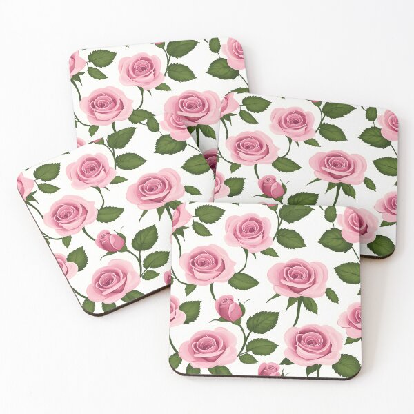 Item preview, The image showcases a delightful floral pattern featuring pink roses in full bloom and buds, complemented by verdant leaves and stems against a clean white backdrop. designed and sold by rujlaphusstudio.