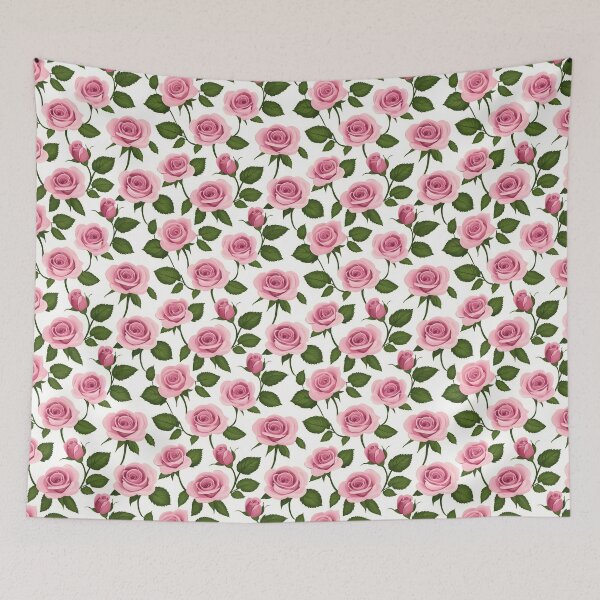 Item preview, The image showcases a delightful floral pattern featuring pink roses in full bloom and buds, complemented by verdant leaves and stems against a clean white backdrop. designed and sold by rujlaphusstudio.