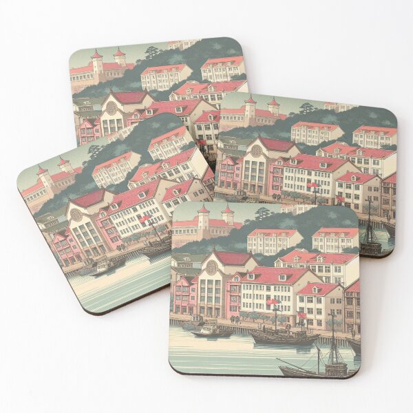 Item preview, Qingdao China Ukiyo-e Art Coastal Harbor Scene Cherry Blossoms Red Rooftops Traditional Japanese Style designed and sold by Vandy Fullam.