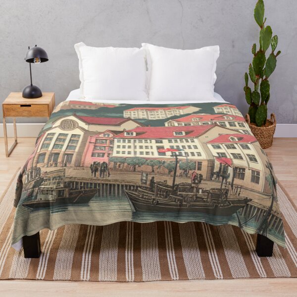 Item preview, Qingdao China Ukiyo-e Art Coastal Harbor Scene Cherry Blossoms Red Rooftops Traditional Japanese Style designed and sold by Vandy Fullam.