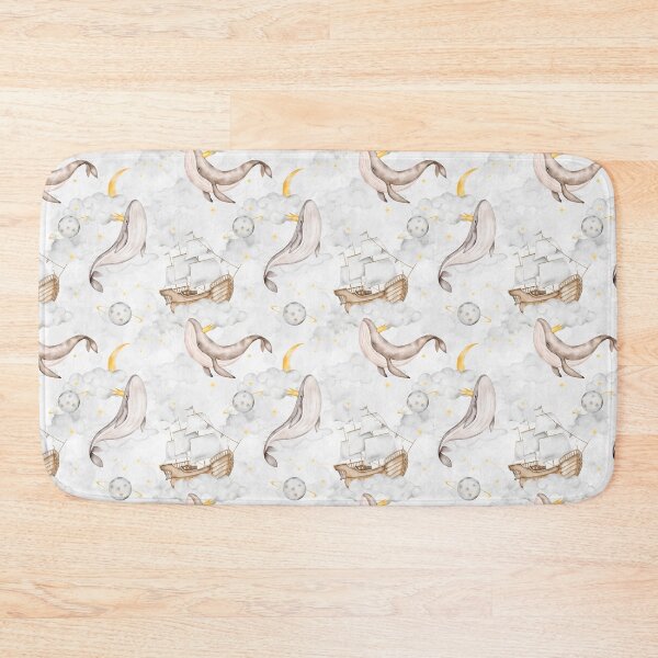 Item preview, Dreamy Whales watercolor cute pattern with whales, clouds, ships, and stars on grey designed and sold by eves_aquadreams.