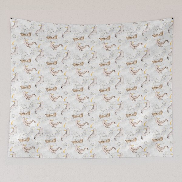Item preview, Dreamy Whales watercolor cute pattern with whales, clouds, ships, and stars on grey designed and sold by eves_aquadreams.