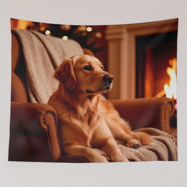 Item preview, Golden Retriever by the Fireplace – Cozy Winter Dog Wall Art designed and sold by AmetistLight.