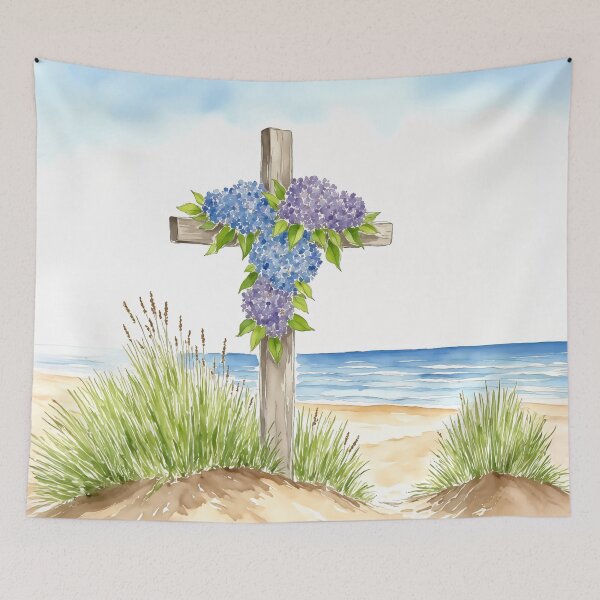 Item preview, Hydrangea Cross Easter Beach Coastal Watercolor designed and sold by Magnolia Valley Art.