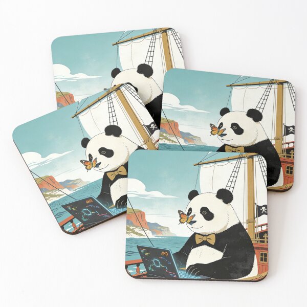 Aperçu de l'œuvre Art de codeur Panda nomade numérique | Design d'ordinateur portable de développeur en forme de bateau pirate rétro créée et vendue par Cherrydora.