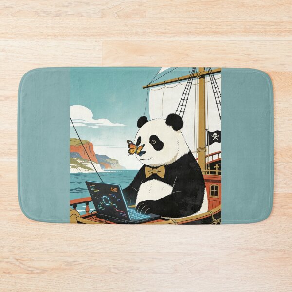 Aperçu de l'œuvre Art de codeur Panda nomade numérique | Design d'ordinateur portable de développeur en forme de bateau pirate rétro créée et vendue par Cherrydora.