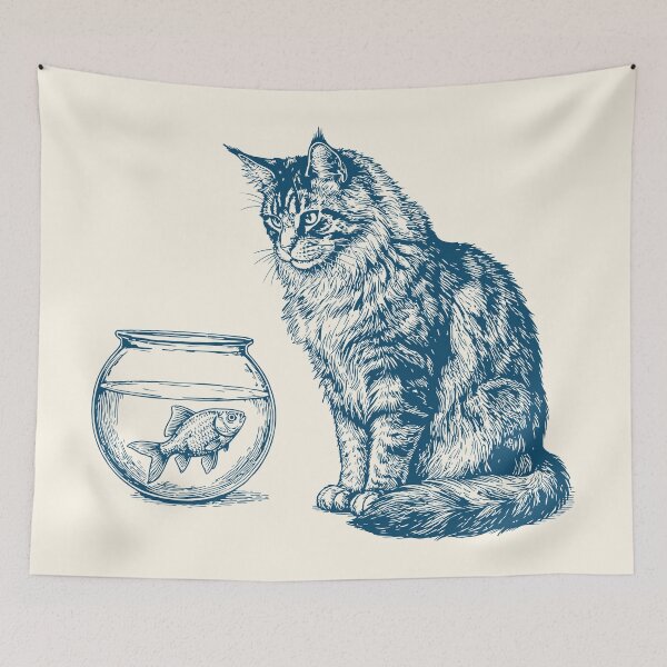 Item preview, Maine Coon Cat & Goldfish Funny Retro Fish  designed and sold by Y-Vibes.