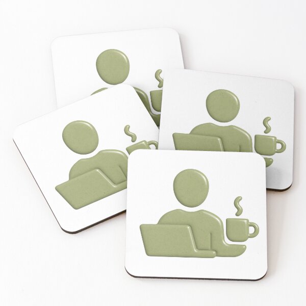 Item preview, Olive green glossy icon of person with laptop and coffee on black designed and sold by Creative88Art.