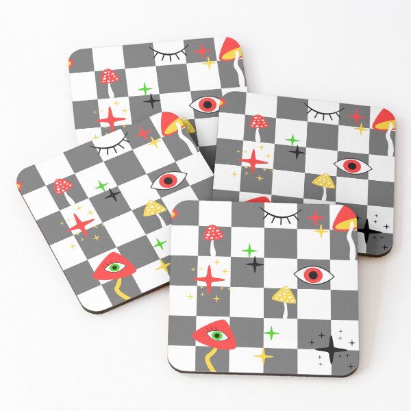 Item preview, Mushrooms, eyes and stars on a chessboard background designed and sold by ReflectedCrafts.