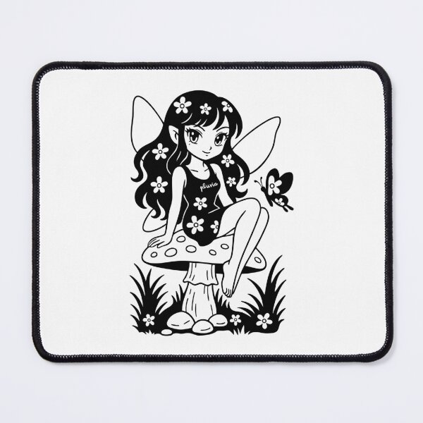 Item preview, Yume – Blossom Mushroom Fairy & Butterfly | Black and White pluvia Linework Fantasy Art designed and sold by yearningviolet.