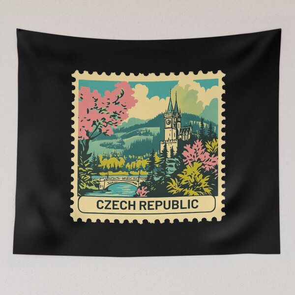 Item preview, Vintage Czech Republic Postage Stamp Art - Prague Gothic Spires & Spring Blooms designed and sold by tiigerdad.