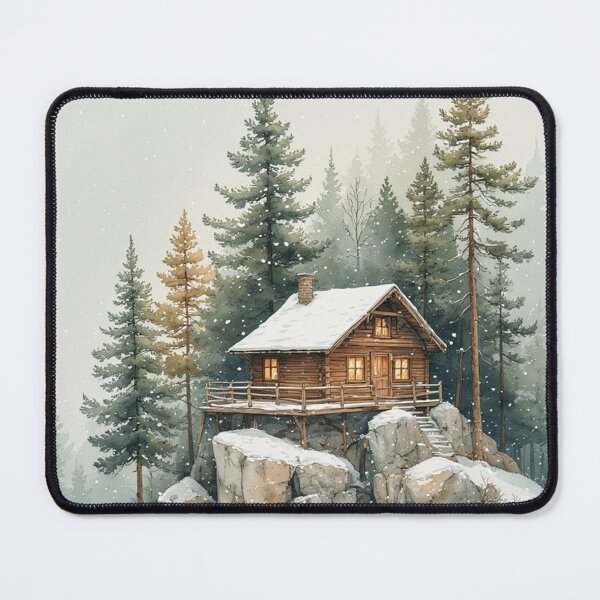 Item preview, Cozy Winter Cabin in Snowy Forest – Rustic Mountain Lodge Art Print by NegarTv Designs designed and sold by NegarTv Designs.