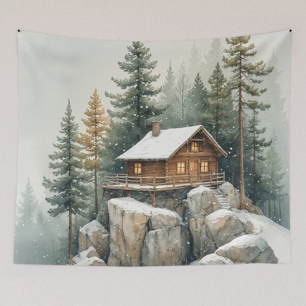 Item preview, Cozy Winter Cabin in Snowy Forest – Rustic Mountain Lodge Art Print by NegarTv Designs designed and sold by NegarTv Designs.