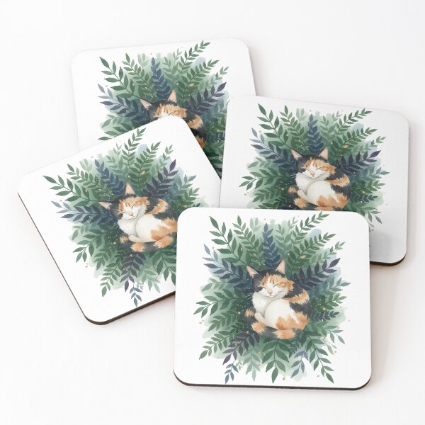 Item preview, Sleeping Calico Cat in Greenery – Watercolor Botanical Cat Illustration designed and sold by YYoYY.