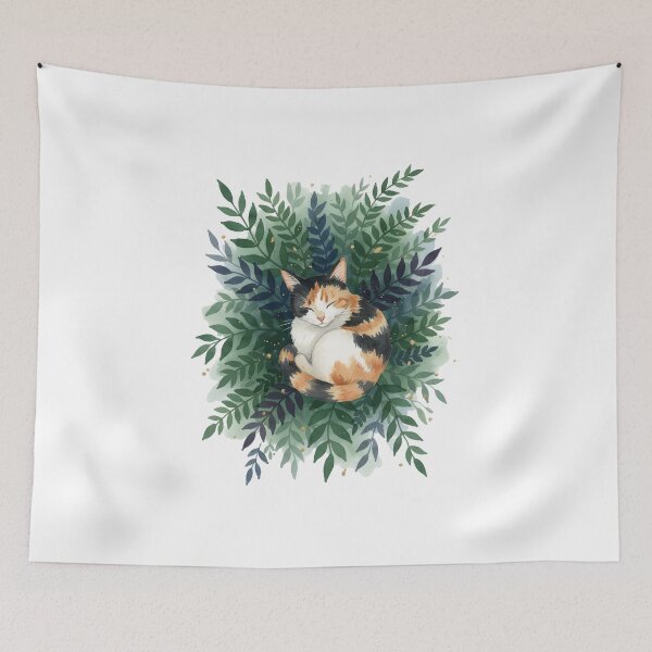 Item preview, Sleeping Calico Cat in Greenery – Watercolor Botanical Cat Illustration designed and sold by YYoYY.