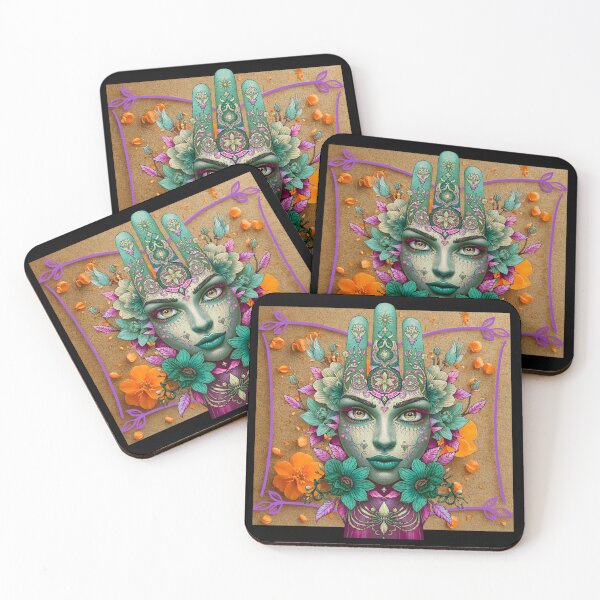 Item preview, Mystical Female Face with Floral Hamsa Hand – Spiritual Art of Protection and Inner Energy designed and sold by JuanaDesigns.